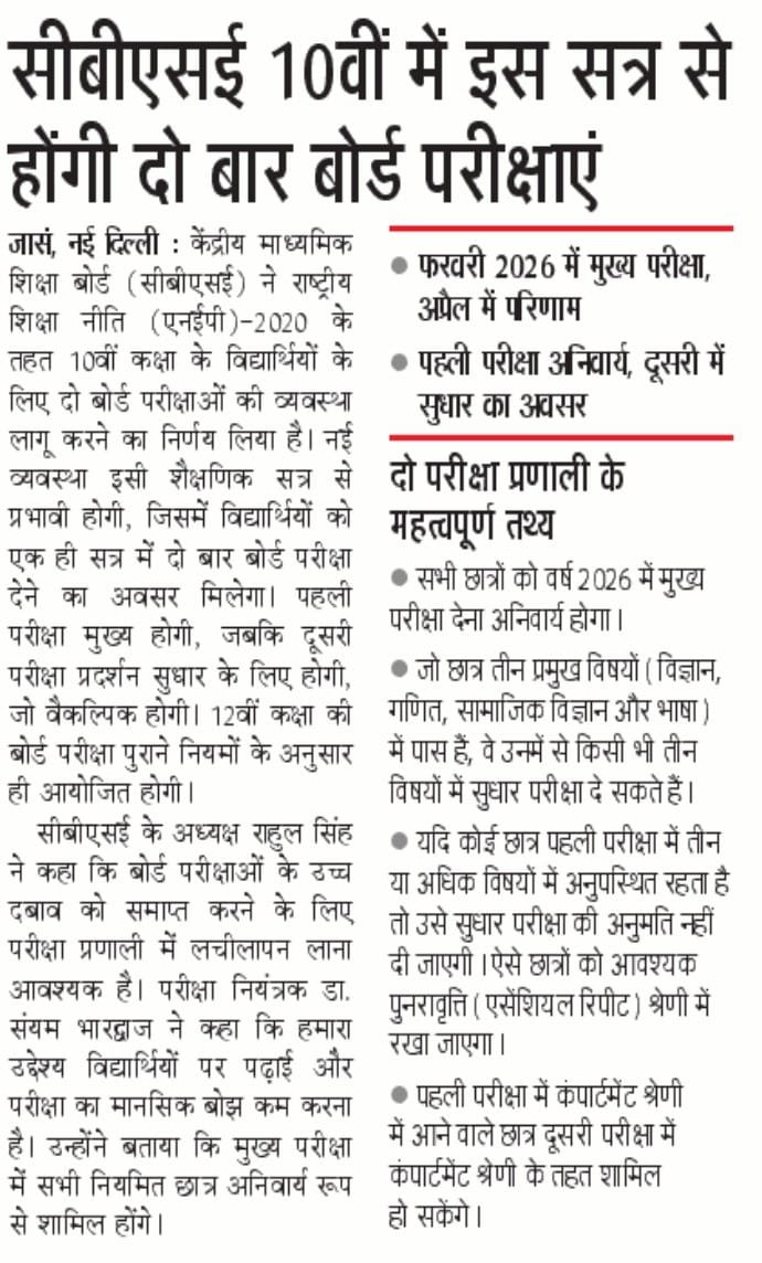 CBSE 10वीं बोर्ड परीक्षा में बड़ा बदलाव: अब एक सत्र में दो बार मिलेगी परीक्षा देने का मौका 2 CBSE 10वीं बोर्ड परीक्षा में बड़ा बदलाव