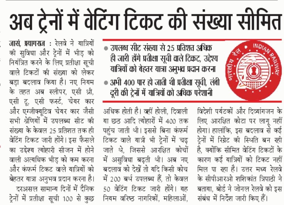 अब ट्रेन यात्राओं में वेटिंग टिकट पर लगाम: जानिए रेलवे का नया नियम 2 अब ट्रेनों में वेटिंग टिकट की संख्या सीमित